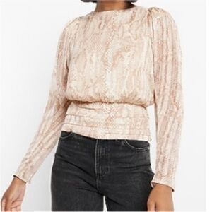 Express Neutral Snake-Print Long-Sleeve Blouson Top